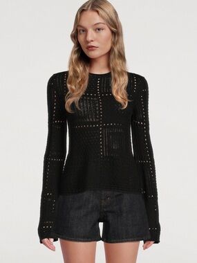 Chloé Handkerchief Crochet Black Open-Knit Sweater Top